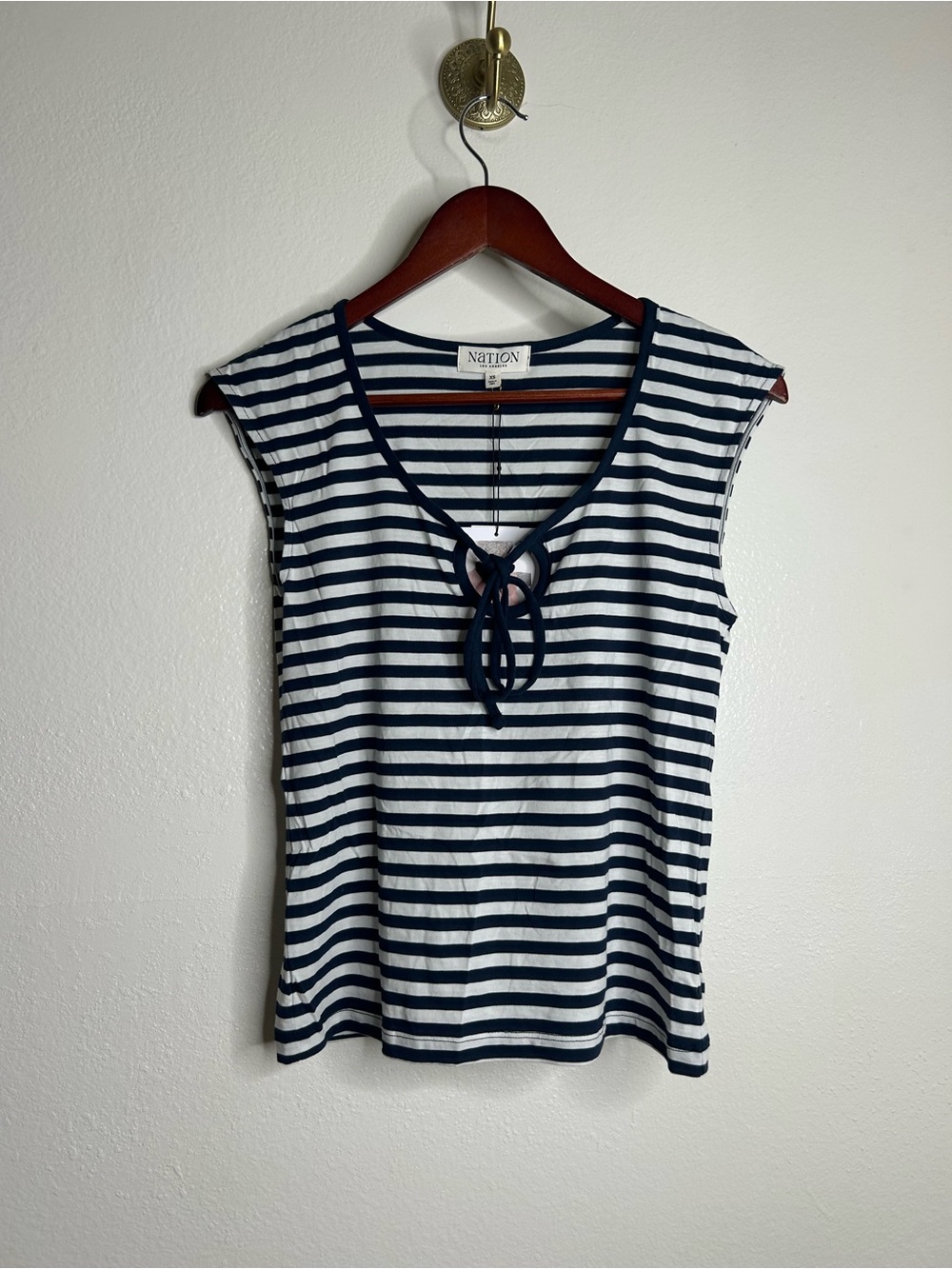 NWT Nation LA 100% Pima Cotton Kacy Tank In Navy City Stripe Tie Front